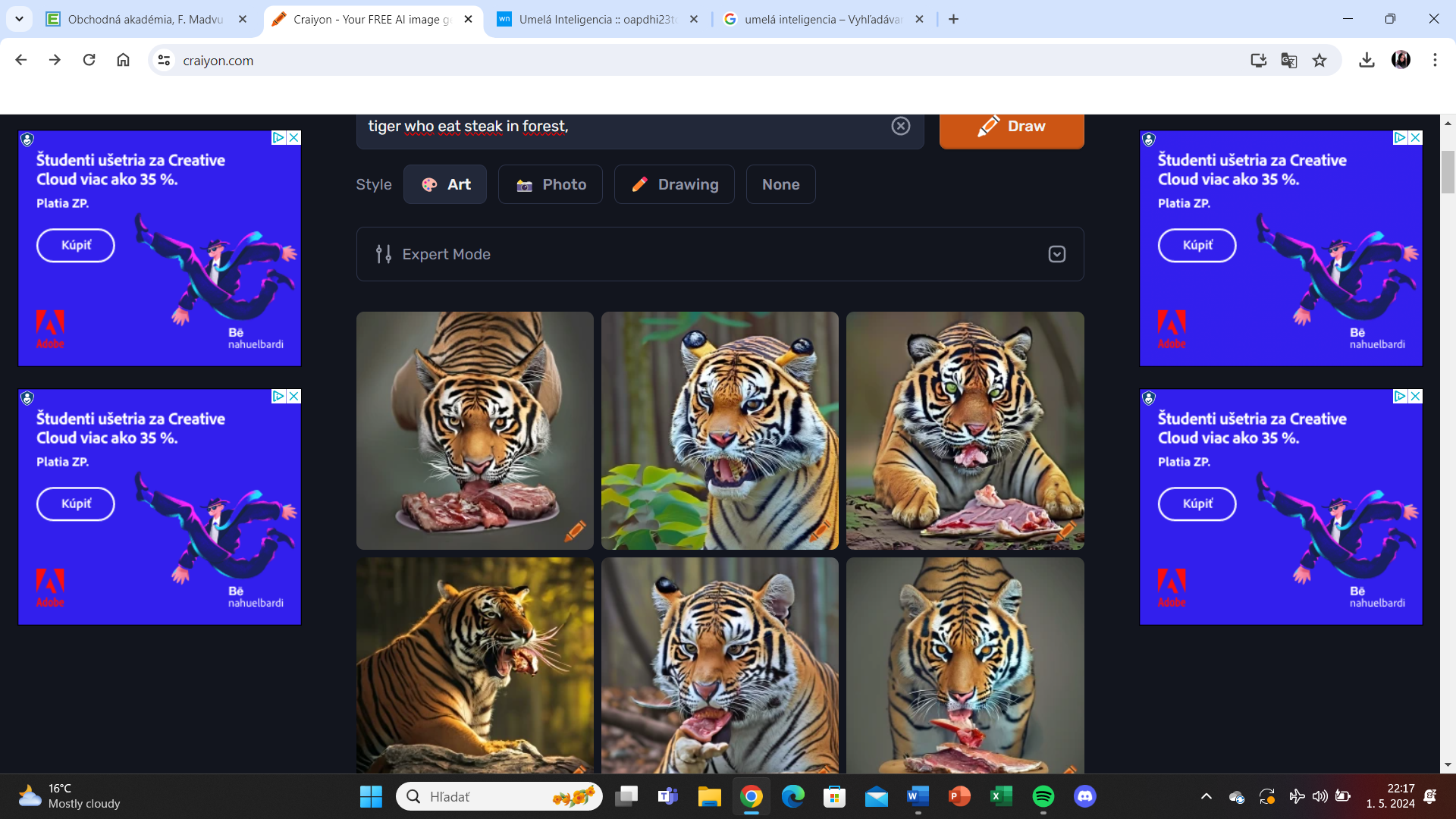 Moje zadanie: tiger who eat steak in forest